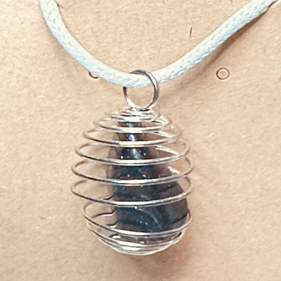 925 Sterling Silver Plated & Blue Goldstone Crystal Spiral Wire Wrapped Cage New - Picture 1 of 8